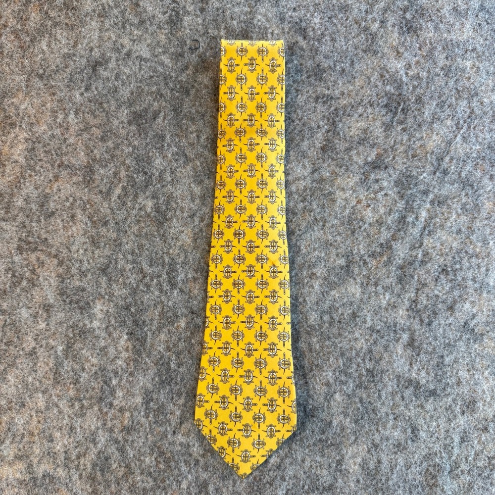 Hermes Silk Tie Mens Yellow Royal VTG Hong Kong Jockey Club Horseshoe Sword 58"L